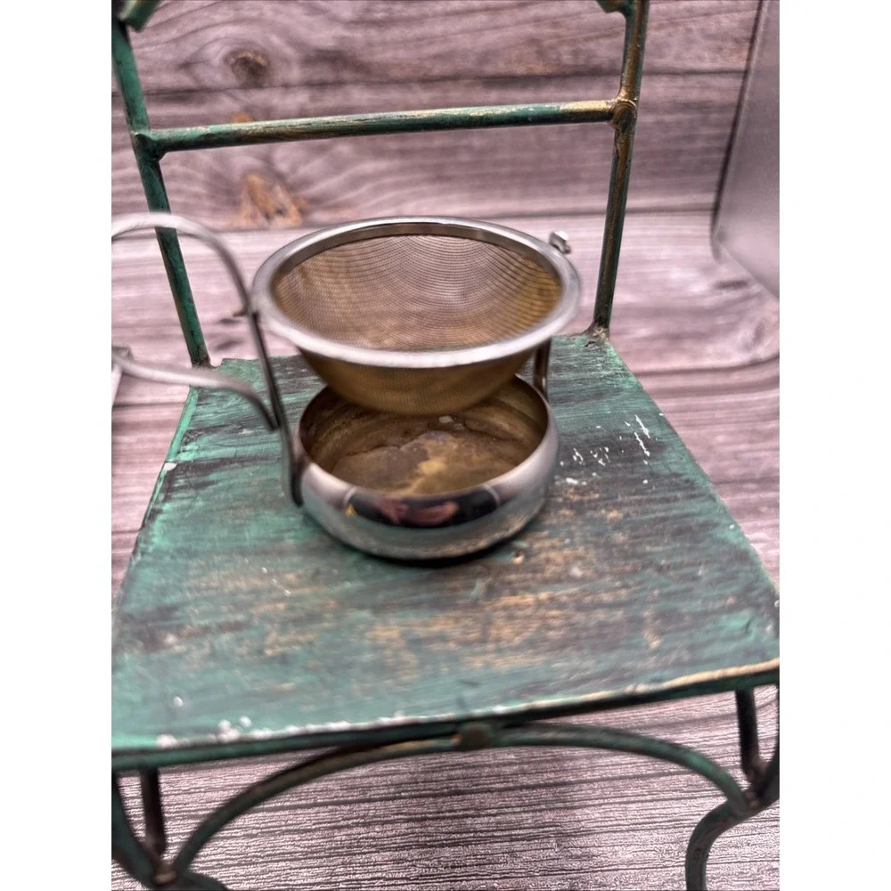 Antique German Tea Bag Mesh Swivel Strainer Silver Colored Drip Cup and Handle